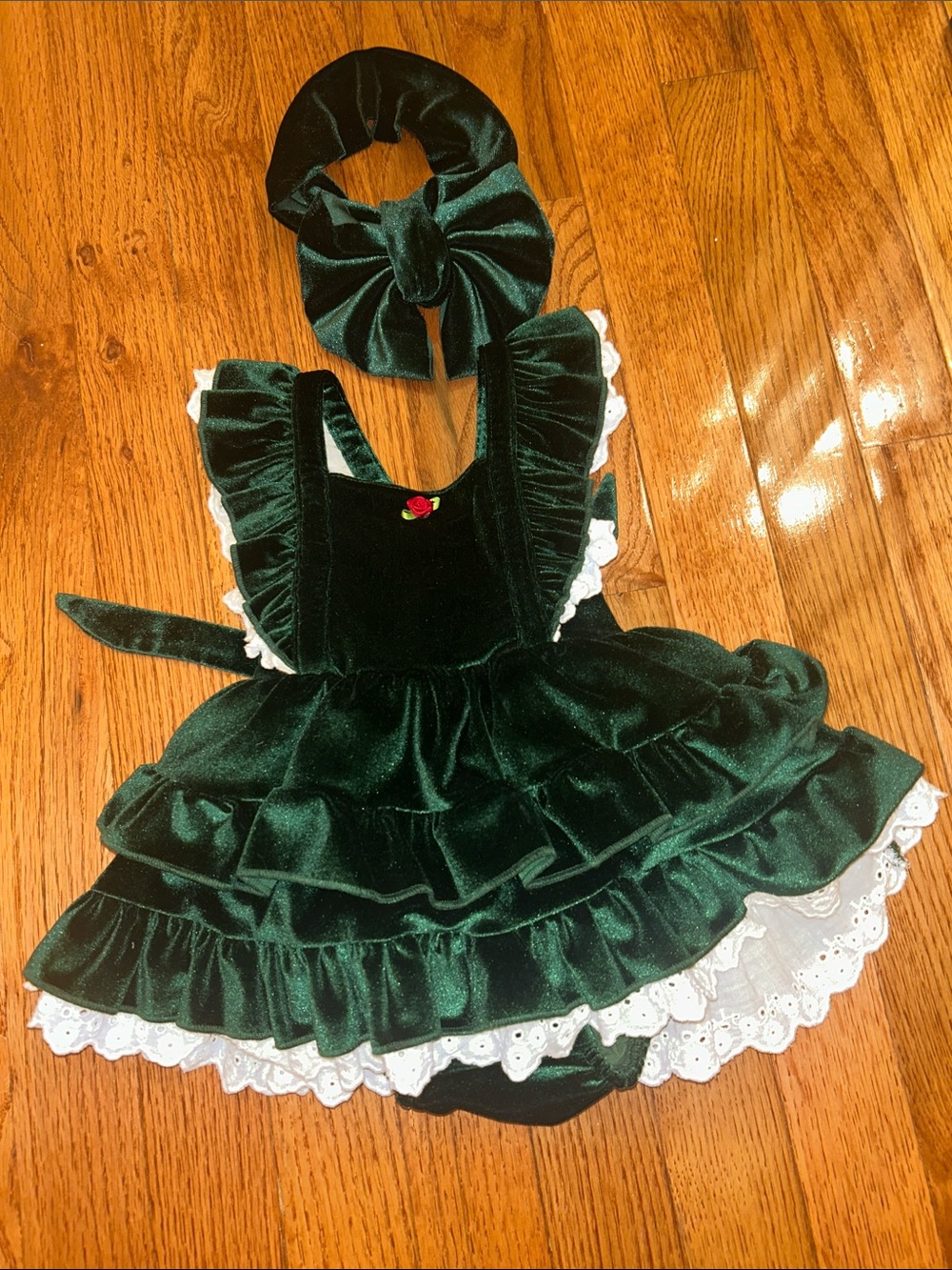 Bums and Roses Green Velvet Ruffle Baby Dress with Headband-6-12M